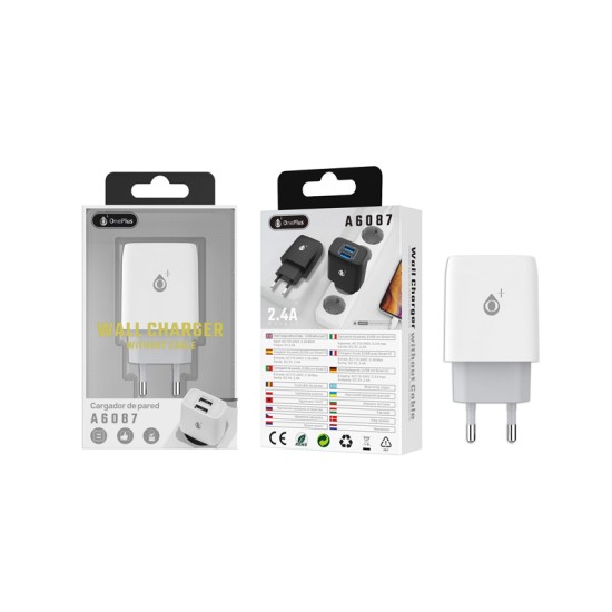 ONEPLUS CHARGER ADAPTER A6087 BL WITH 2 SMART RECOGNITION USB PORTS 2.4A WHITE